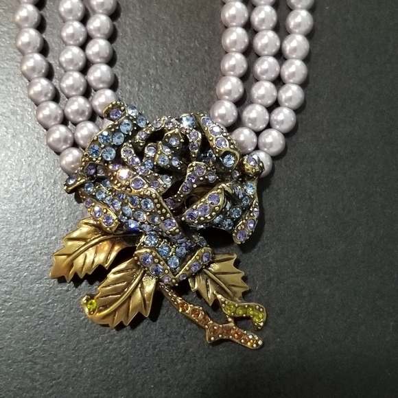 Heidi Daus Tanzanite Swarovski Crystal Rose w/ Triple Strand Blue Pearls - Picture 6 of 6